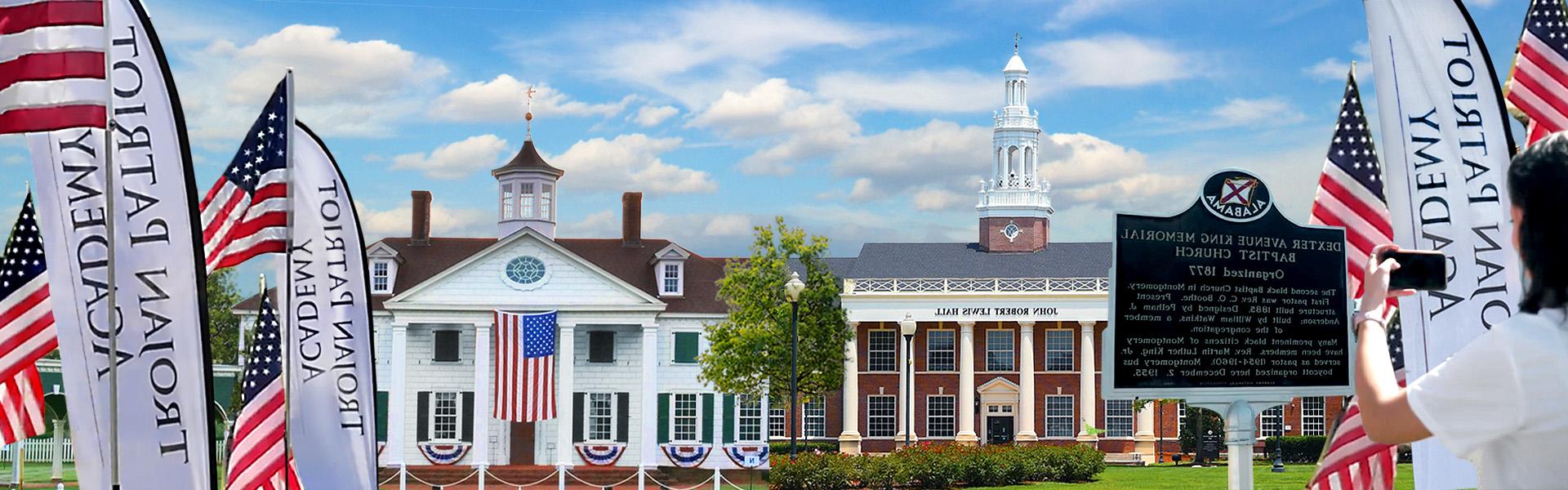 Wide angle photograph of Troy University's campus and American Village